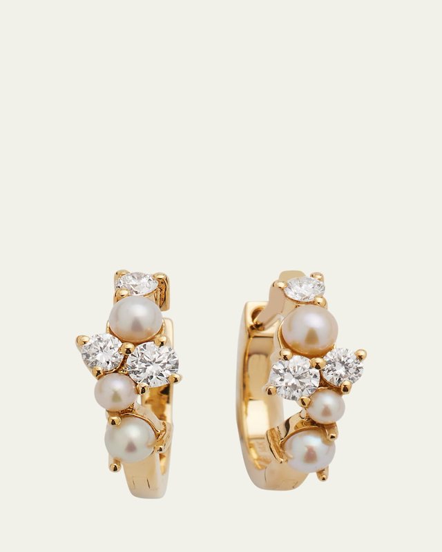 14k Yellow Gold Pearl and Diamond Cocktail Huggie Hoops